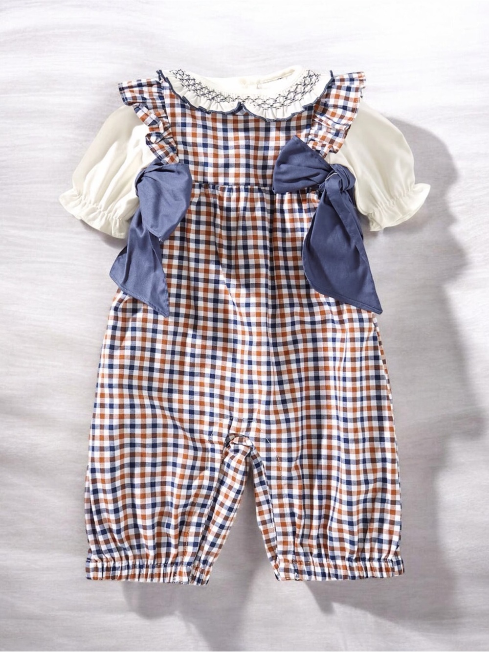 NWT Edgehill Collection Baby Girls Side-Tie Long Sleeve Plaid Romper 6M